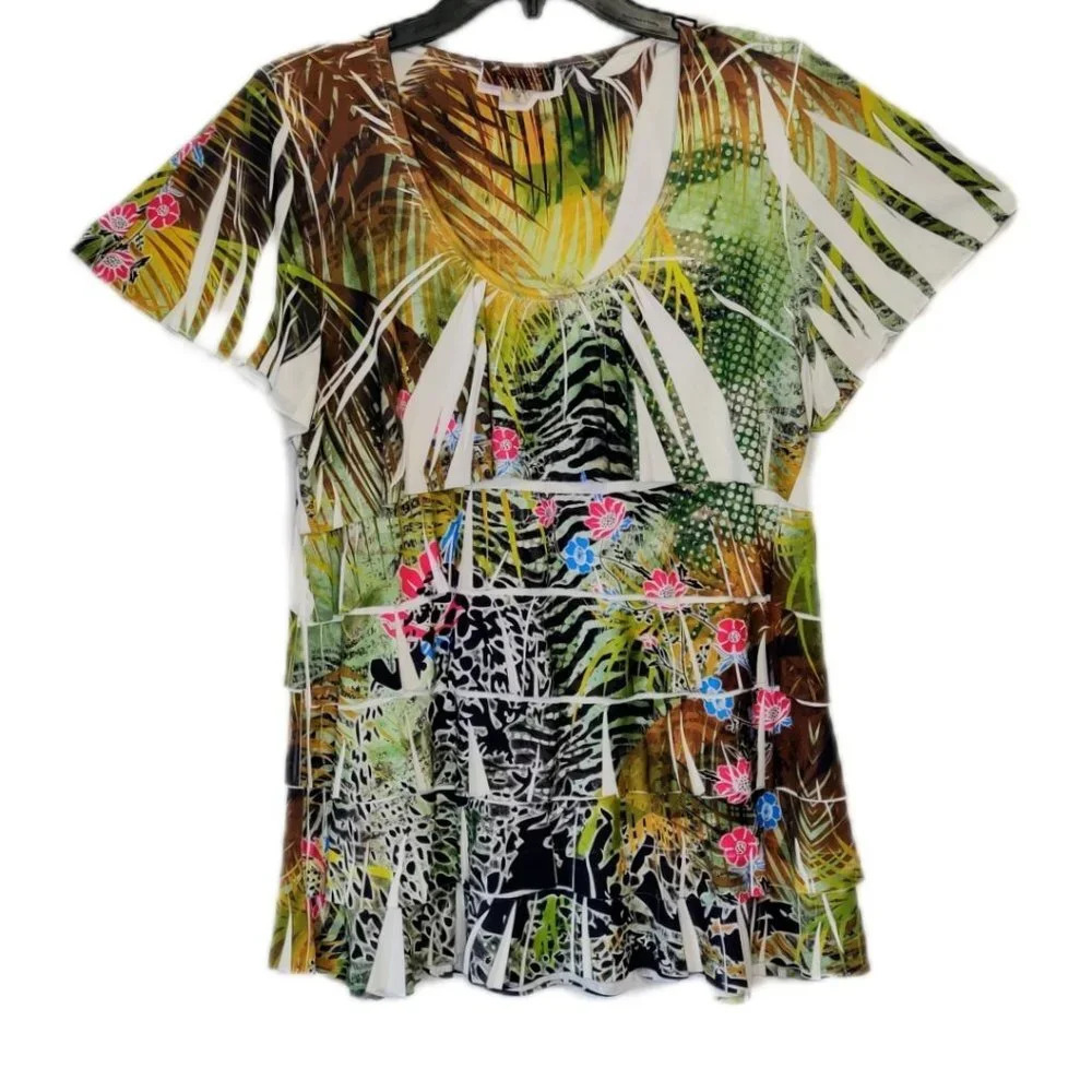 Green Tropical Tiered Floral Summer Short‎ Sleeve Top Blouse Size Medium-Large